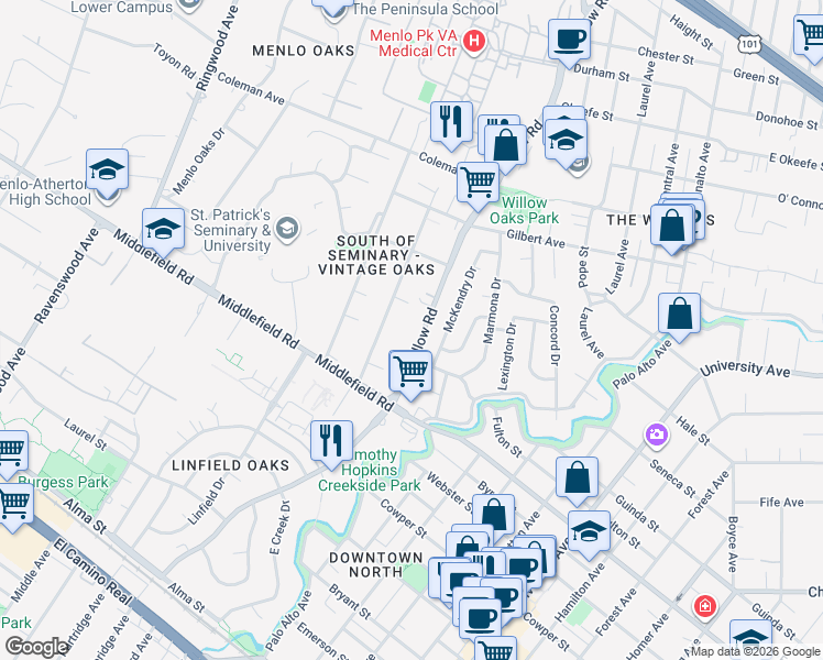 map of restaurants, bars, coffee shops, grocery stores, and more near 200 Willow Road in Menlo Park