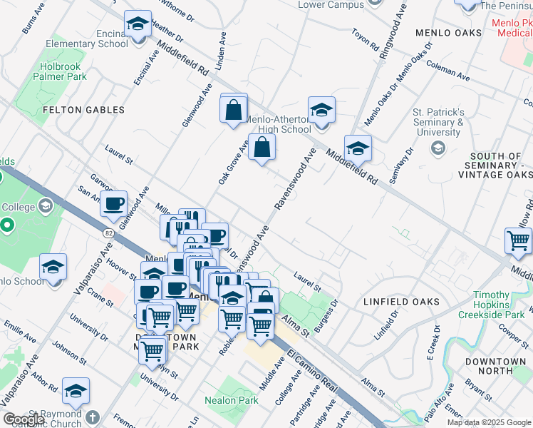 map of restaurants, bars, coffee shops, grocery stores, and more near in Menlo Park