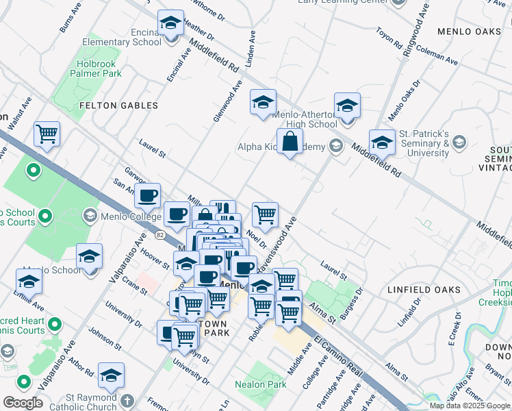 map of restaurants, bars, coffee shops, grocery stores, and more near 1119c Laurel Street in Menlo Park