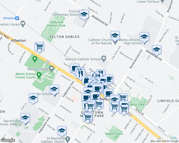 map of restaurants, bars, coffee shops, grocery stores, and more near 1309 Mills Street in Menlo Park
