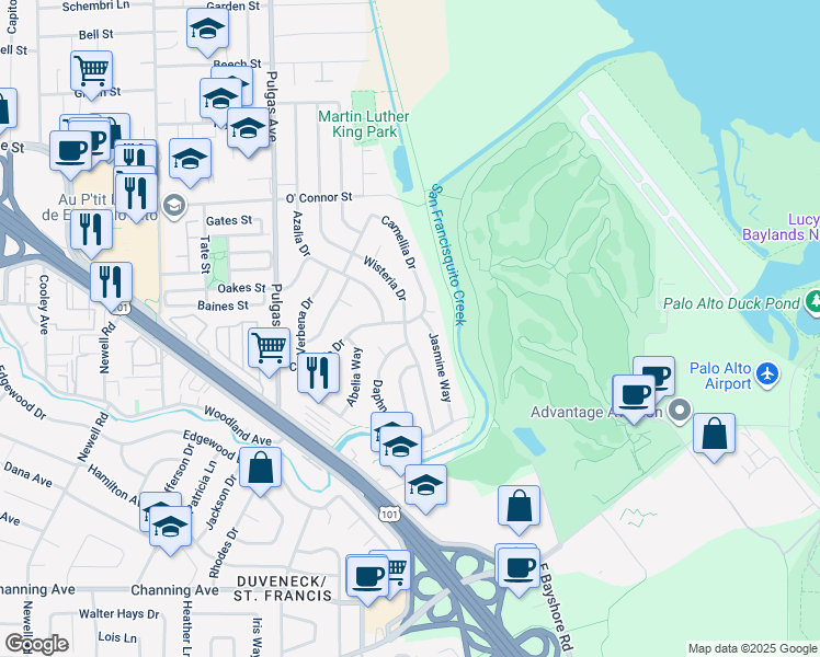map of restaurants, bars, coffee shops, grocery stores, and more near 192 Wisteria Drive in East Palo Alto
