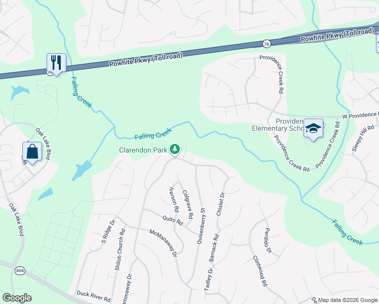 map of restaurants, bars, coffee shops, grocery stores, and more near 2412 Brookforest Road in Midlothian