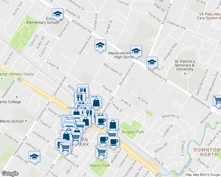 map of restaurants, bars, coffee shops, grocery stores, and more near 1035 Pine Street in Menlo Park