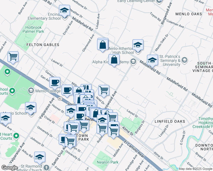 map of restaurants, bars, coffee shops, grocery stores, and more near 1035 Pine Street in Menlo Park