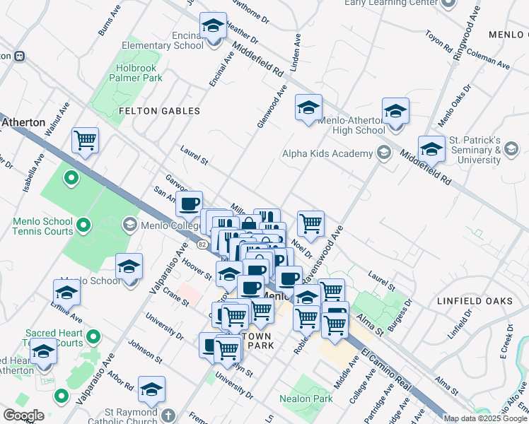 map of restaurants, bars, coffee shops, grocery stores, and more near 445 Oak Grove Avenue in Menlo Park