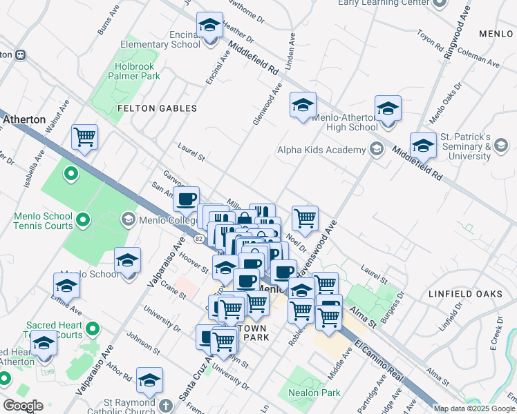 map of restaurants, bars, coffee shops, grocery stores, and more near 445 Oak Grove Avenue in Menlo Park