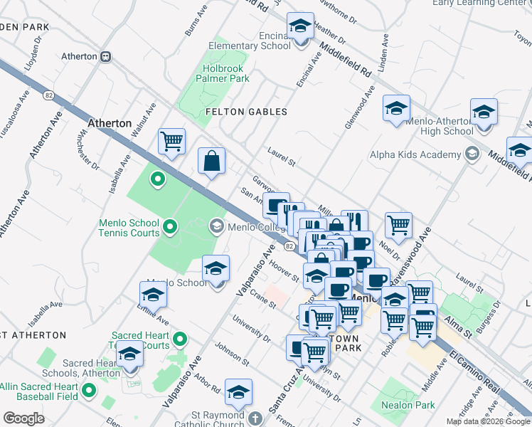 map of restaurants, bars, coffee shops, grocery stores, and more near in Menlo Park