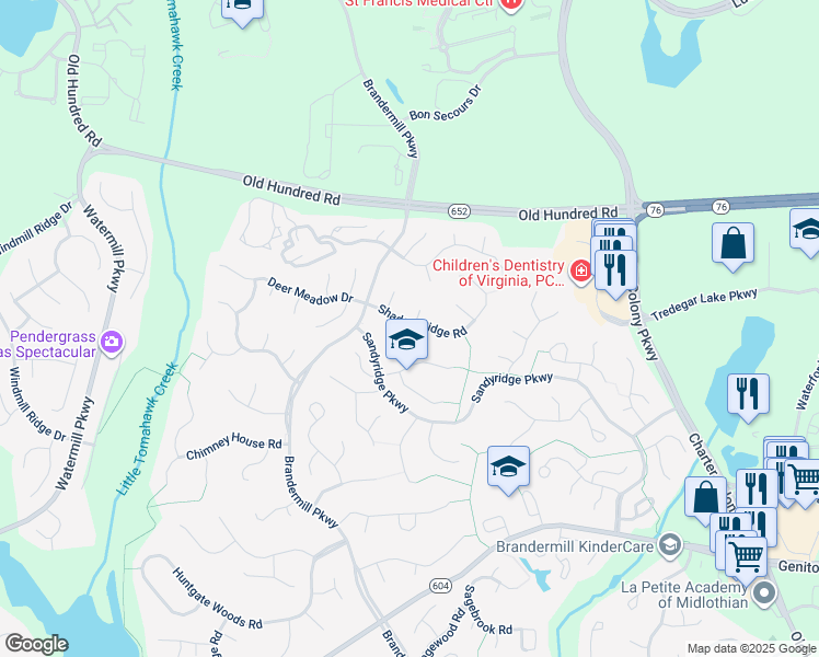 map of restaurants, bars, coffee shops, grocery stores, and more near 14001 Shadow Ridge Road in Midlothian