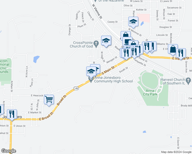 map of restaurants, bars, coffee shops, grocery stores, and more near 608 South Main Street in Anna