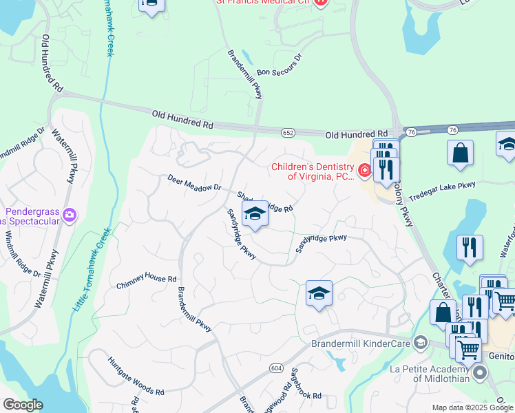 map of restaurants, bars, coffee shops, grocery stores, and more near 14001 Shadow Ridge Road in Midlothian