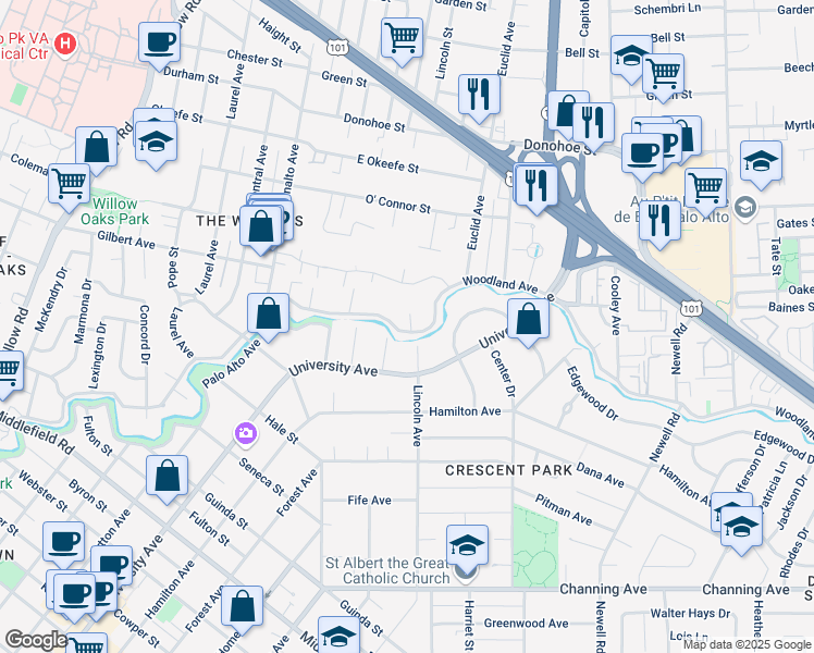 map of restaurants, bars, coffee shops, grocery stores, and more near 1399 Woodland Avenue in Menlo Park