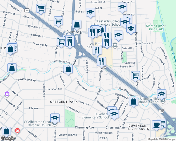map of restaurants, bars, coffee shops, grocery stores, and more near 5 Newell Court in East Palo Alto