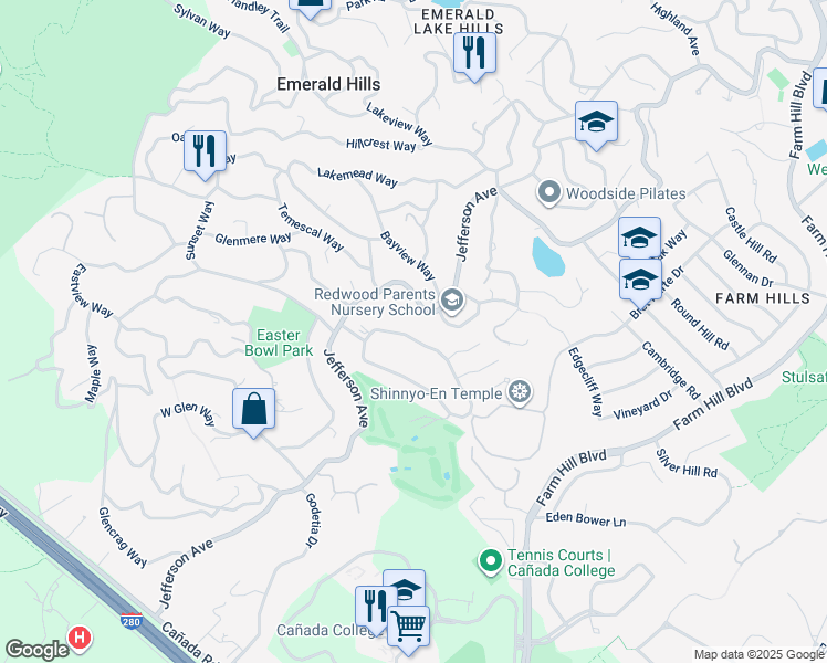 map of restaurants, bars, coffee shops, grocery stores, and more near 1019 Wilmington Way in Emerald Hills