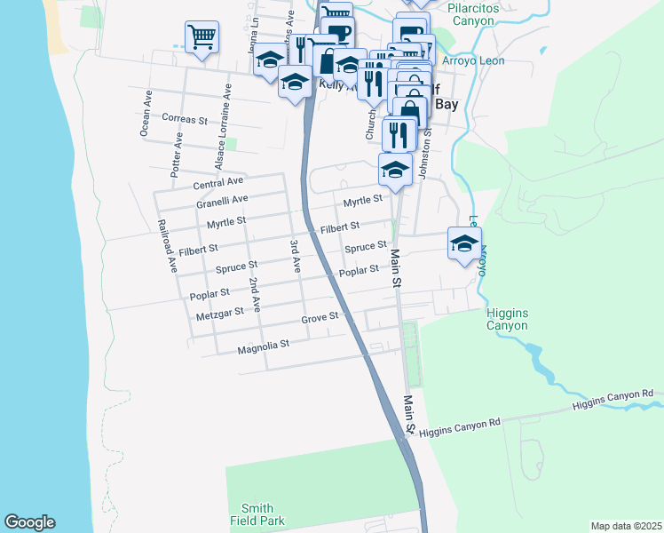 map of restaurants, bars, coffee shops, grocery stores, and more near 555 Poplar Street in Half Moon Bay
