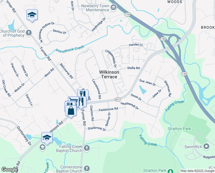 map of restaurants, bars, coffee shops, grocery stores, and more near 4131 Woodfield Road in Richmond