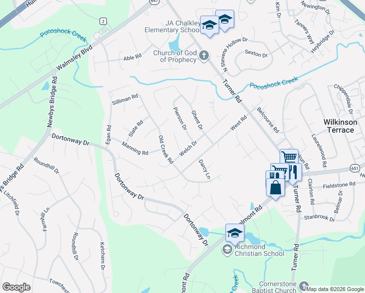 map of restaurants, bars, coffee shops, grocery stores, and more near 6822 Welch Drive in Chesterfield