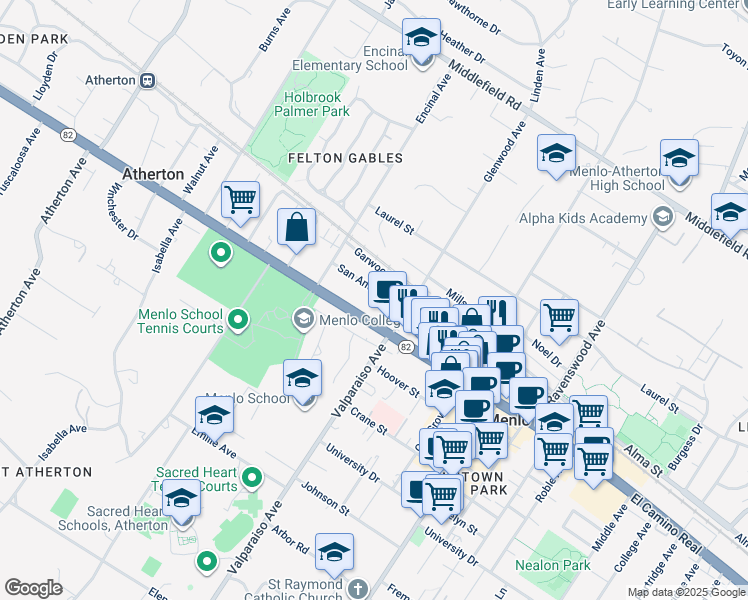 map of restaurants, bars, coffee shops, grocery stores, and more near 1459 San Antonio Street in Menlo Park