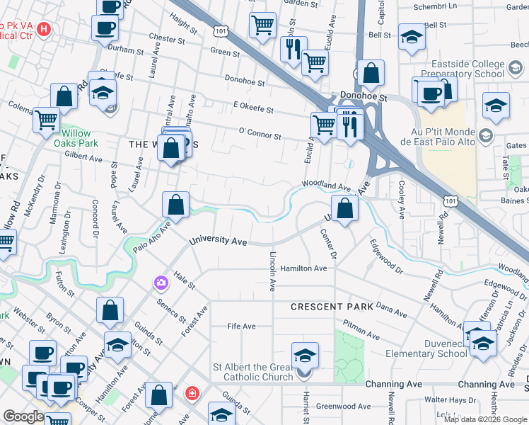 map of restaurants, bars, coffee shops, grocery stores, and more near 1399 Woodland Avenue in Menlo Park