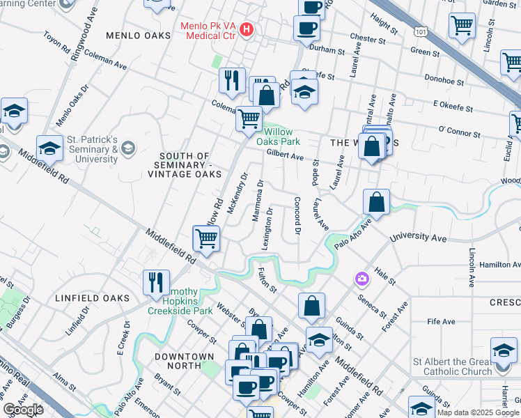 map of restaurants, bars, coffee shops, grocery stores, and more near 255 Robin Way in Menlo Park