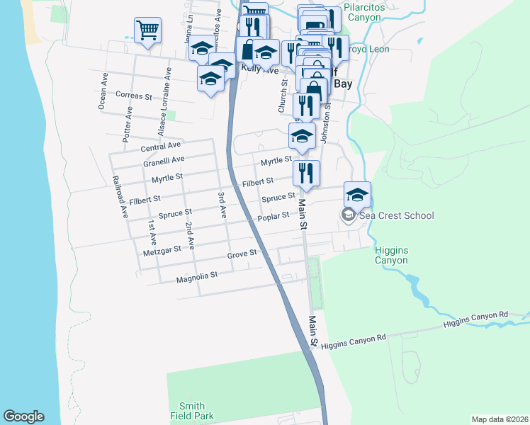map of restaurants, bars, coffee shops, grocery stores, and more near 555 Poplar Street in Half Moon Bay