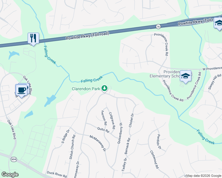 map of restaurants, bars, coffee shops, grocery stores, and more near 2412 Brookforest Road in Midlothian
