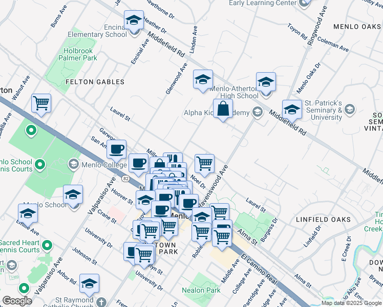 map of restaurants, bars, coffee shops, grocery stores, and more near 1119c Laurel Street in Menlo Park