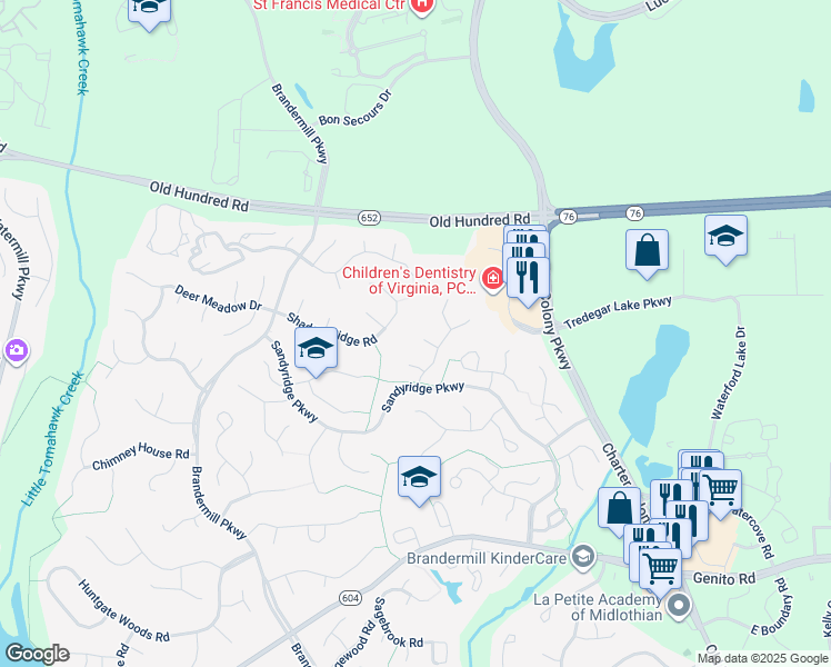 map of restaurants, bars, coffee shops, grocery stores, and more near 2300 Garrison Place Court in Midlothian