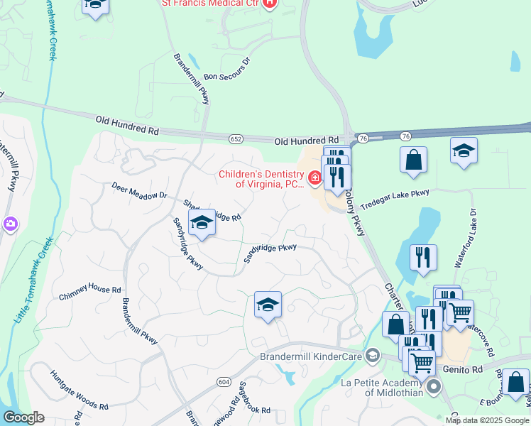 map of restaurants, bars, coffee shops, grocery stores, and more near 2300 Garrison Place Court in Midlothian
