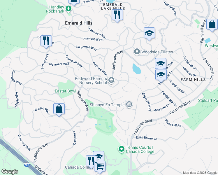 map of restaurants, bars, coffee shops, grocery stores, and more near 902 Fallen Leaf Way in Emerald Hills