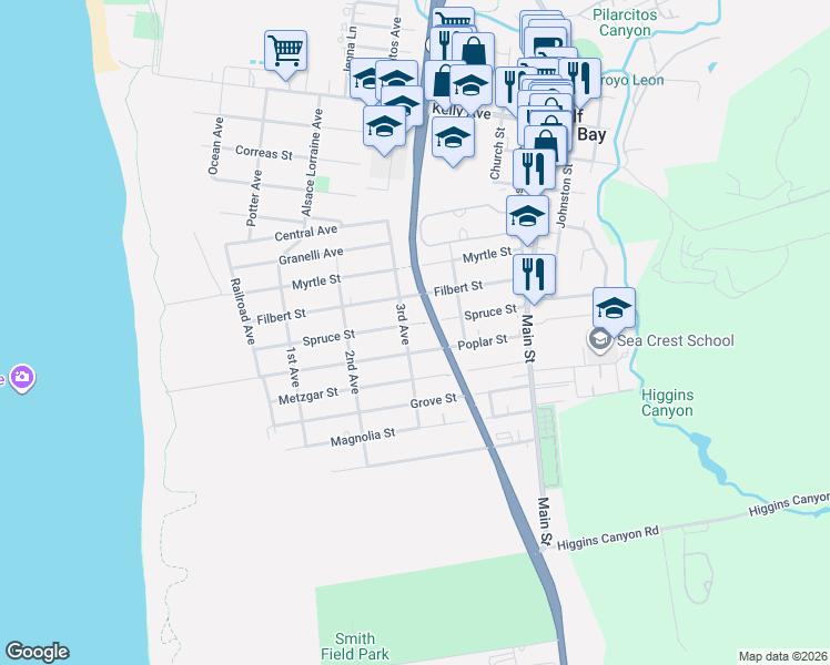 map of restaurants, bars, coffee shops, grocery stores, and more near 508 Poplar Street in Half Moon Bay