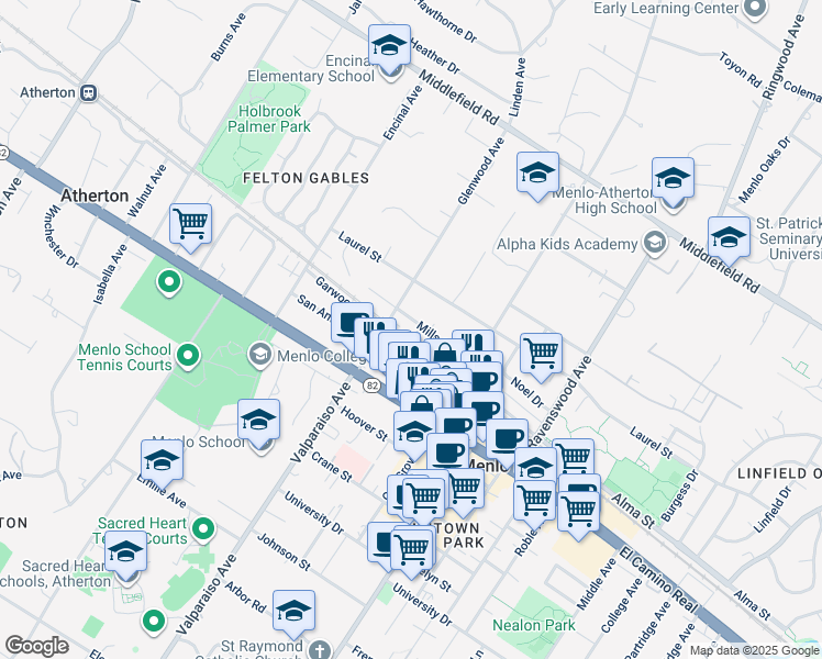 map of restaurants, bars, coffee shops, grocery stores, and more near 1325 Mills Street in Menlo Park