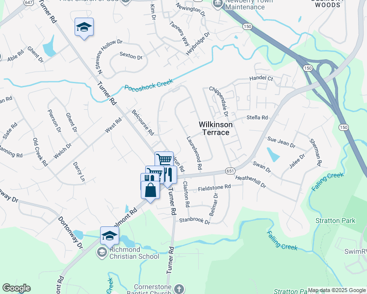 map of restaurants, bars, coffee shops, grocery stores, and more near 6002 Belrun Place in Richmond