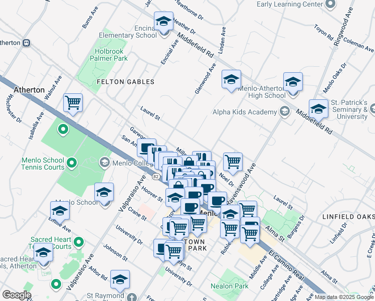 map of restaurants, bars, coffee shops, grocery stores, and more near 1241 Mills Street in Menlo Park