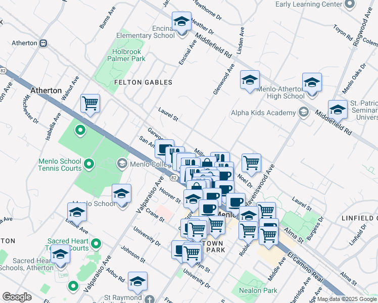 map of restaurants, bars, coffee shops, grocery stores, and more near 1309 Mills Street in Menlo Park