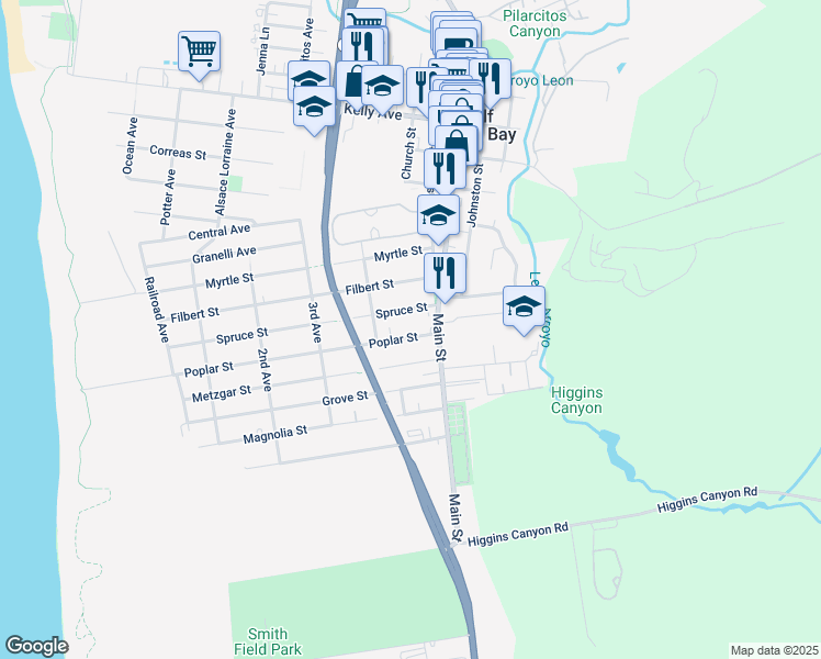 map of restaurants, bars, coffee shops, grocery stores, and more near 624 Poplar Street in Half Moon Bay