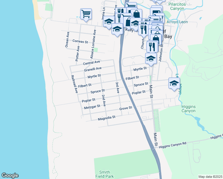 map of restaurants, bars, coffee shops, grocery stores, and more near 429 Poplar Street in Half Moon Bay
