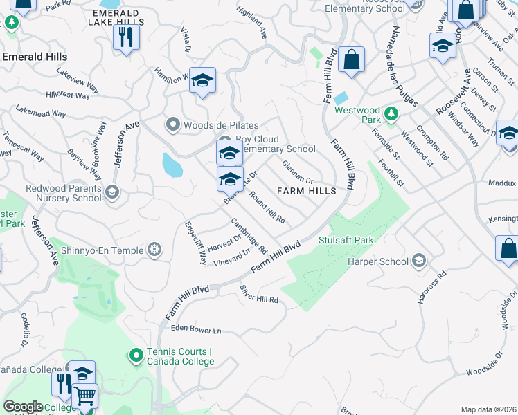 map of restaurants, bars, coffee shops, grocery stores, and more near 948 Emerald Hill Road in Redwood City