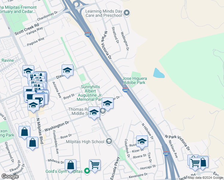 map of restaurants, bars, coffee shops, grocery stores, and more near 496 Coelho Street in Milpitas
