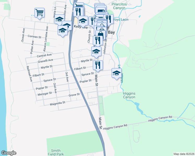 map of restaurants, bars, coffee shops, grocery stores, and more near 895 Main Street in Half Moon Bay