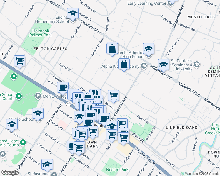map of restaurants, bars, coffee shops, grocery stores, and more near 1160 Pine Street in Menlo Park