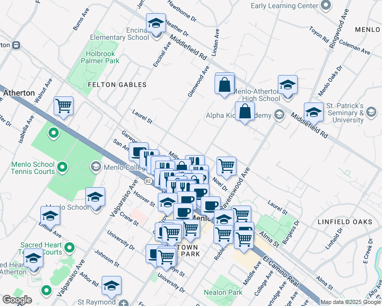 map of restaurants, bars, coffee shops, grocery stores, and more near 1279 Laurel Street in Menlo Park