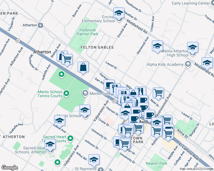 map of restaurants, bars, coffee shops, grocery stores, and more near 1518 San Antonio Street in Menlo Park