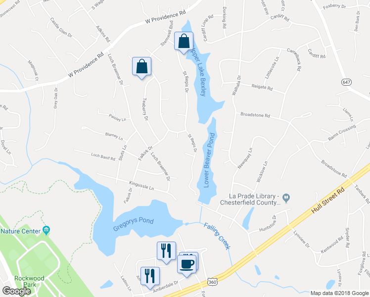 map of restaurants, bars, coffee shops, grocery stores, and more near 9604 Saint Regis Court in Richmond
