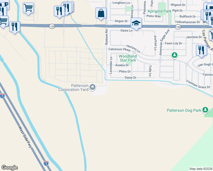 map of restaurants, bars, coffee shops, grocery stores, and more near 16199 Baldwin Road in Patterson