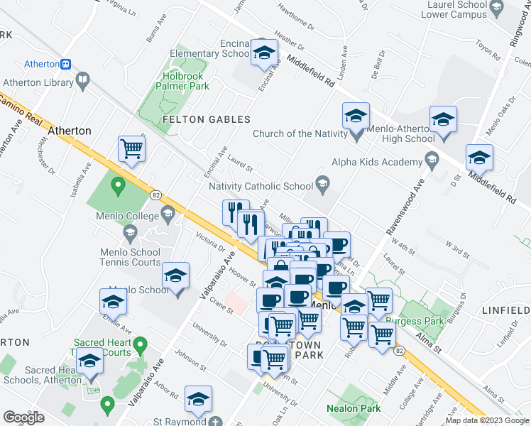map of restaurants, bars, coffee shops, grocery stores, and more near 448 Glenwood Avenue in Menlo Park