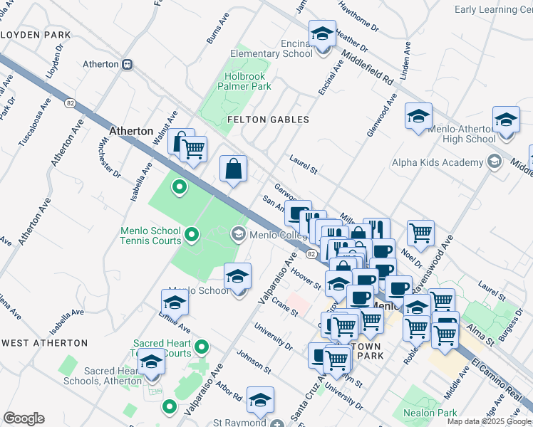map of restaurants, bars, coffee shops, grocery stores, and more near 1550 Encinal Avenue in Menlo Park