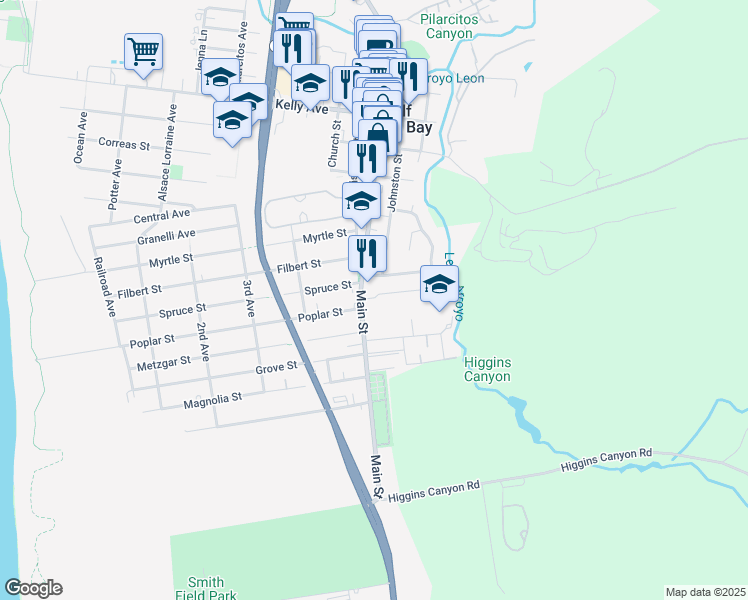 map of restaurants, bars, coffee shops, grocery stores, and more near 845 Main Street in Half Moon Bay