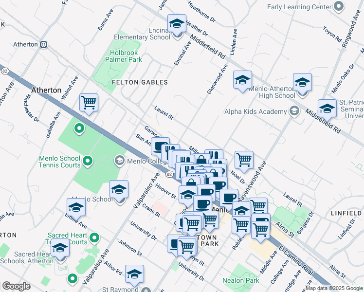 map of restaurants, bars, coffee shops, grocery stores, and more near 517 Glenwood Avenue in Menlo Park