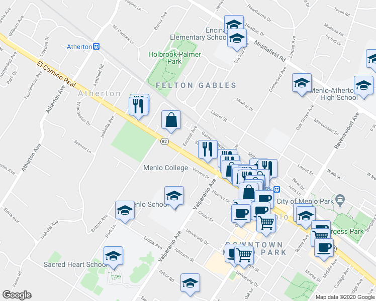 map of restaurants, bars, coffee shops, grocery stores, and more near 1550 Encinal Avenue in Menlo Park