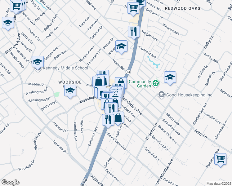map of restaurants, bars, coffee shops, grocery stores, and more near 1390 Woodside Road in Redwood City